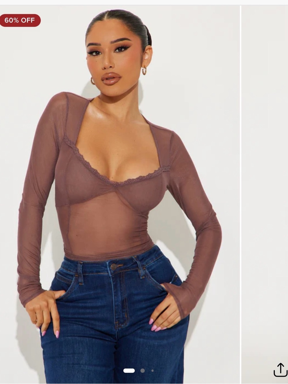 Fashion Nova Sheer Lace-Trim Long Sleeve Camisole in Mauve